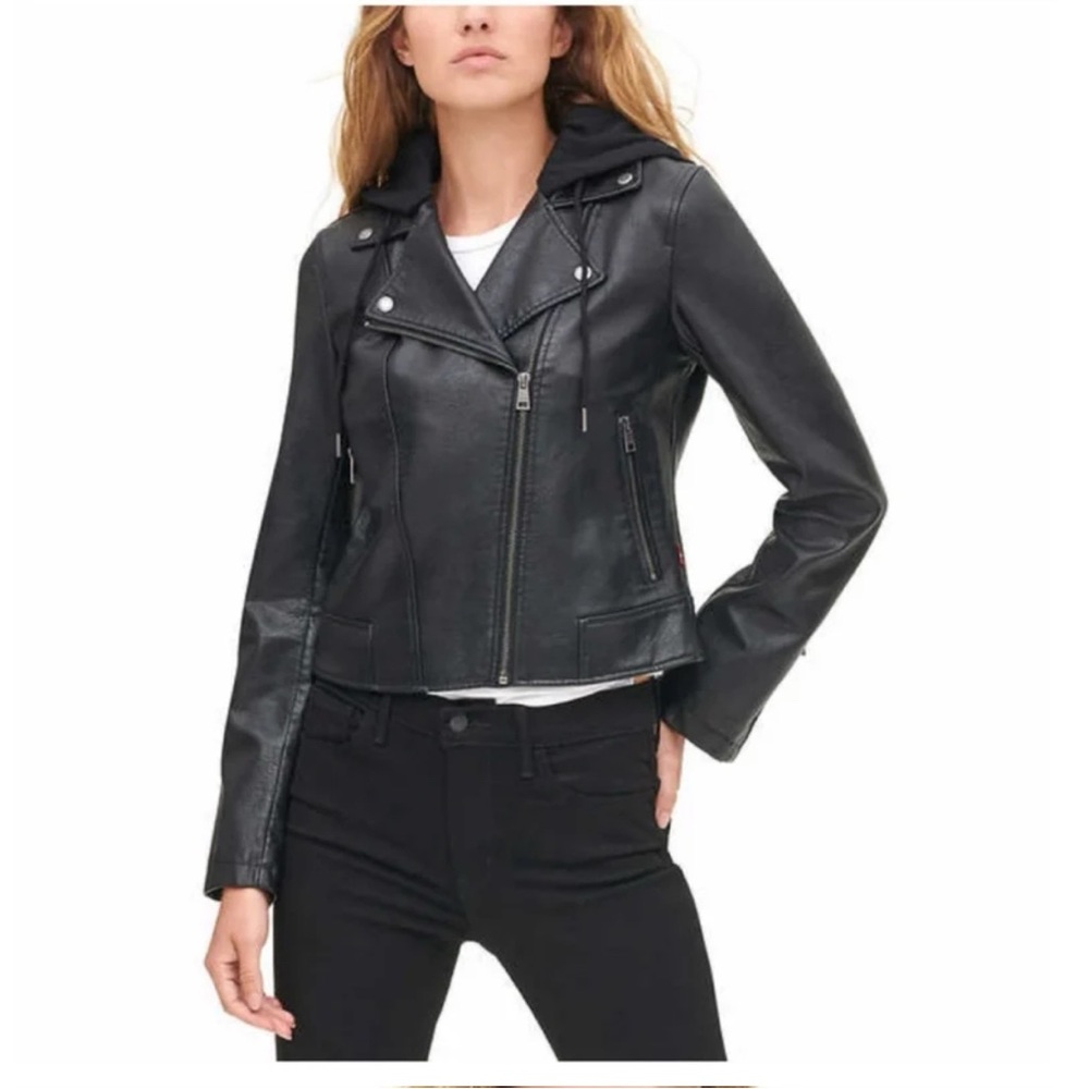 LEVI’S black Faux Leather Moto Hooded Jacket - Medium
